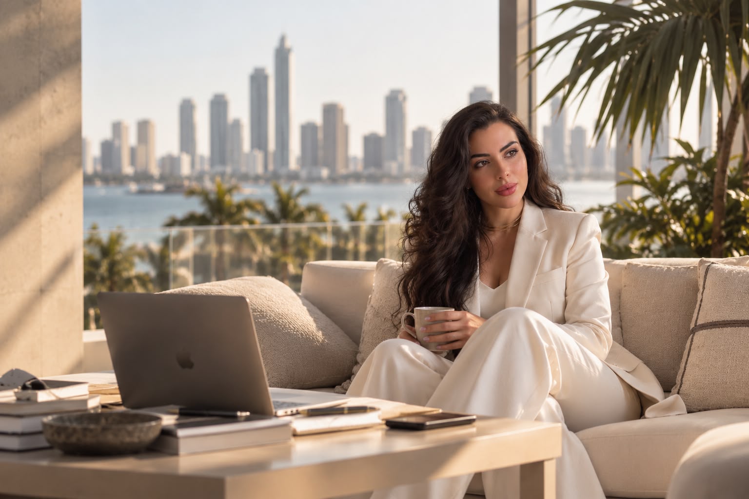 Laura Stendhal in an ivory suit, seated in a lounge overlooking Miami