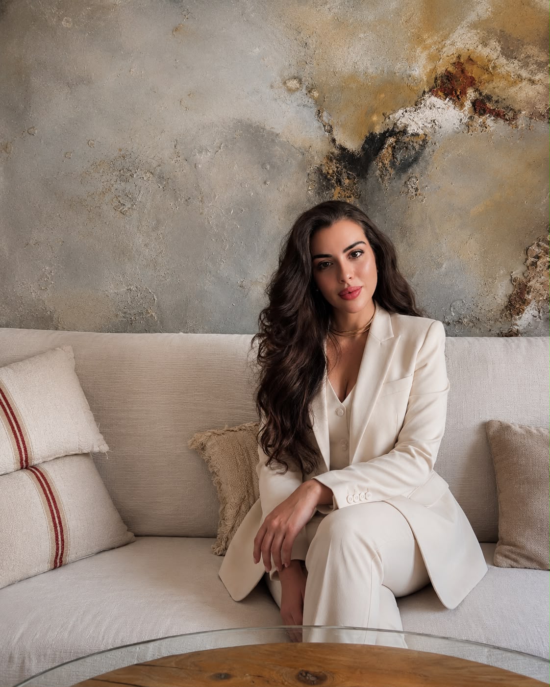 Laura Stendhal, original color portrait seated on a sofa in an ivory suit