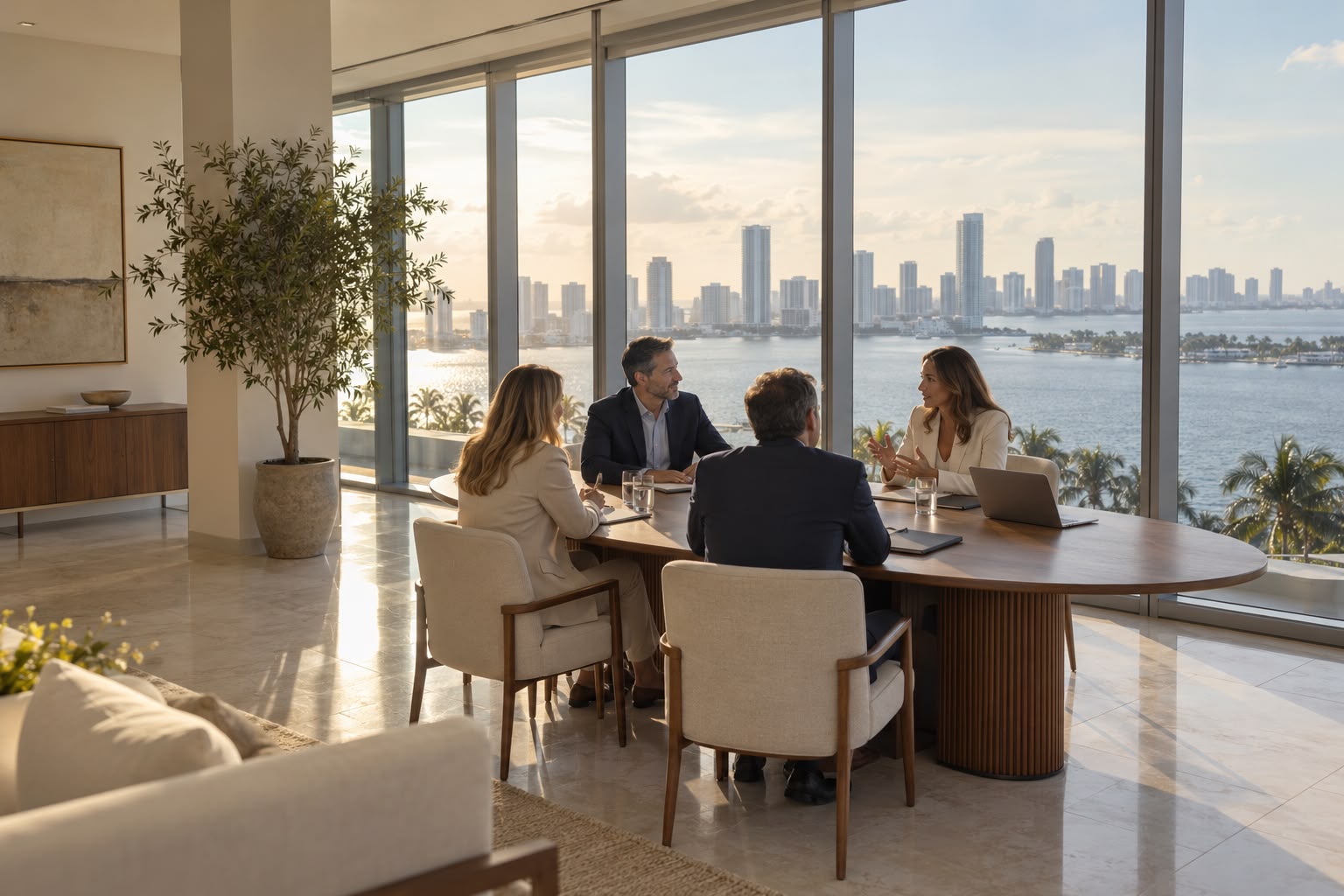 A shared working session overlooking Miami, illustrative image